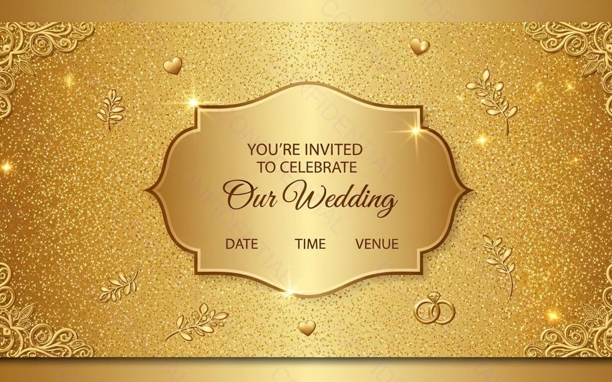 Elegant Gold Wedding Invitation Template With Ornate Frame, Glitter Background and Romantic Decorative Accents