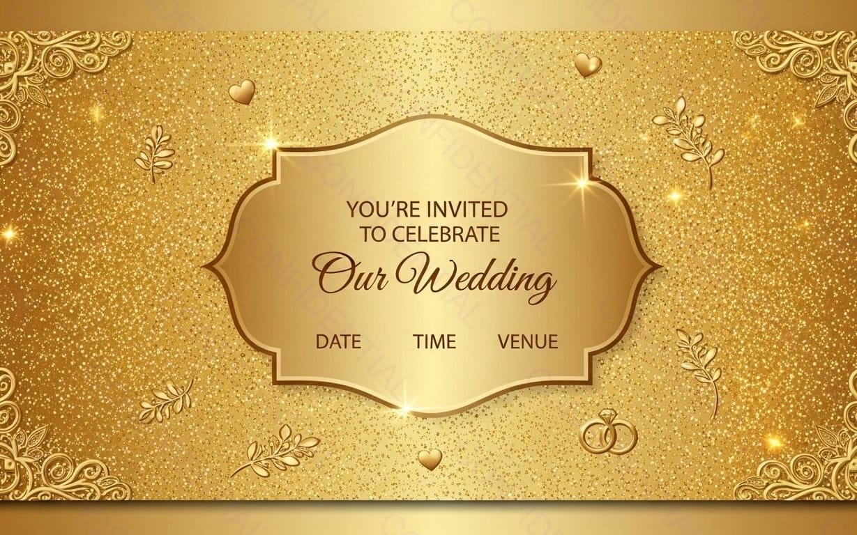 Elegant Gold Wedding Invitation Template With Ornate Frame, Glitter Background and Romantic Decorative Accents