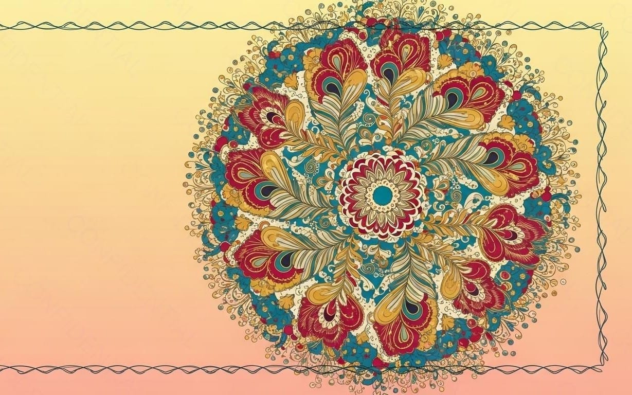 Ornate Floral Mandala With Intricate Paisley Pattern and Decorative Border on Peach Background