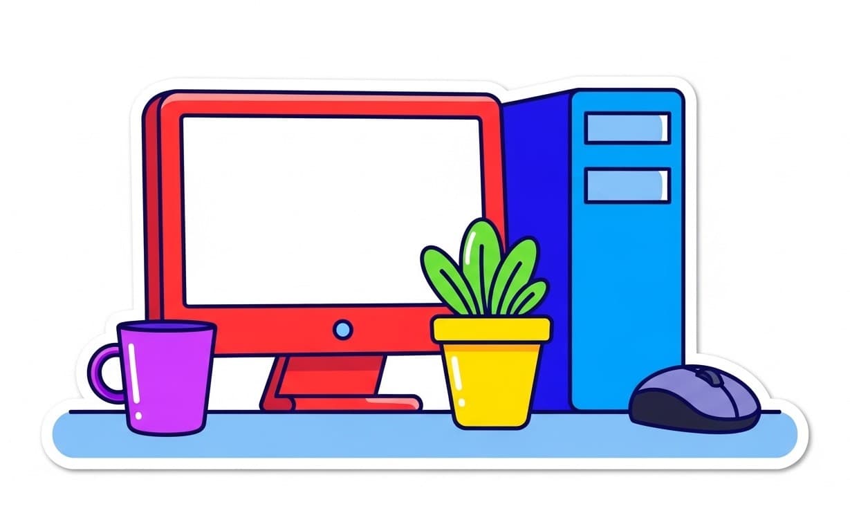 HD Quality PNG Image of Colorful Desktop Computer Workspace With Monitor, Plant, Coffee Cup And Mouse On Desk