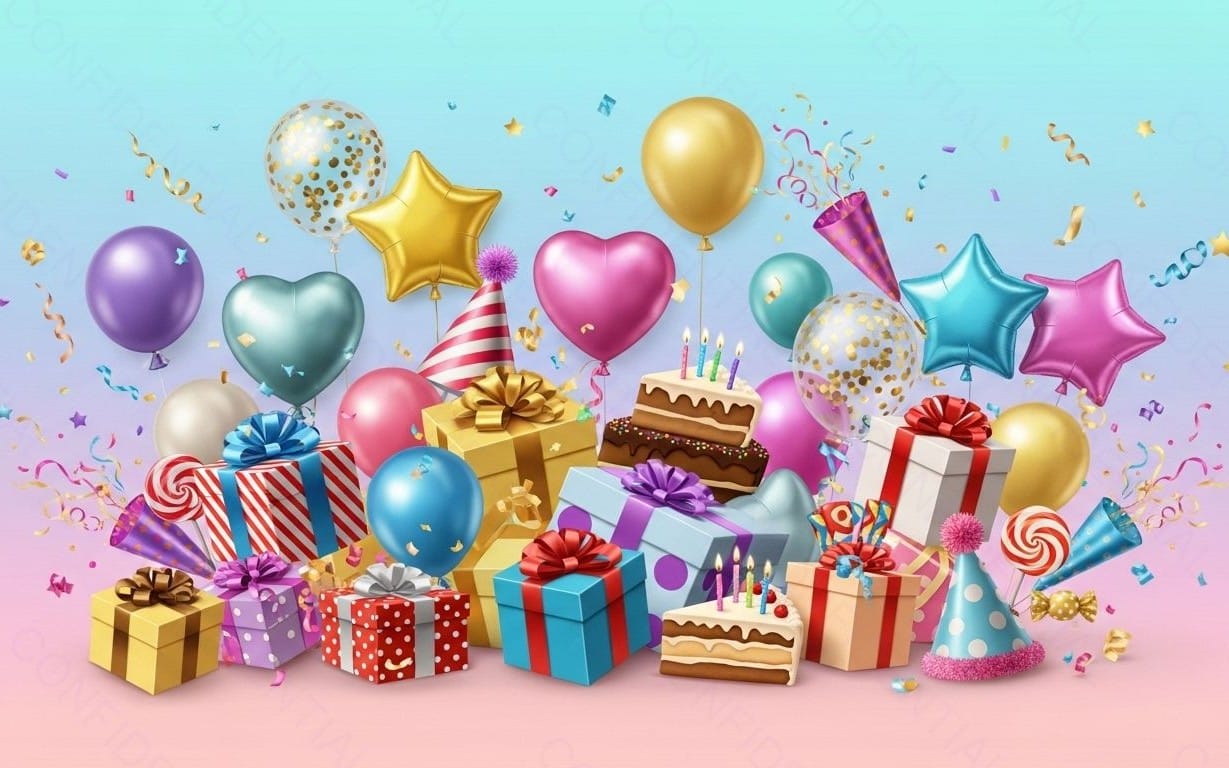 Colorful Birthday Party Celebration With Cakes, Balloons, Gifts and Confetti Decorations