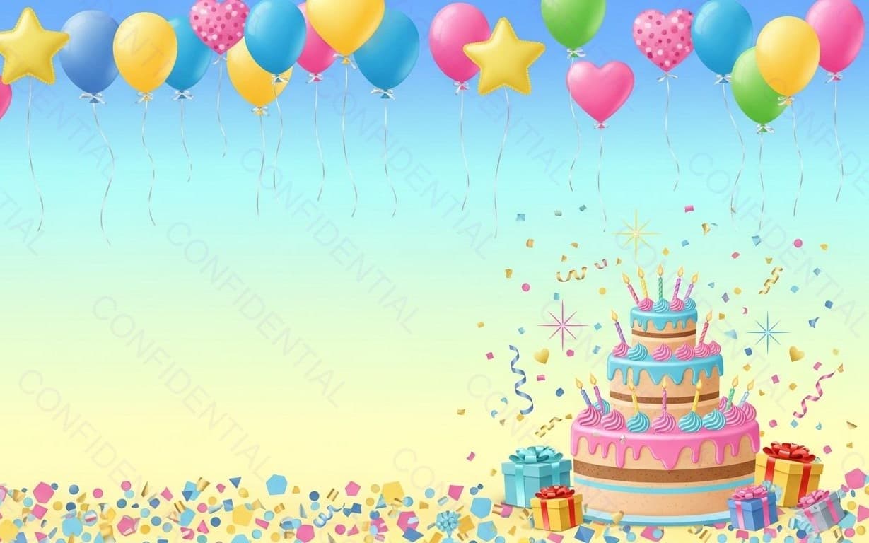 Colorful Birthday Cake With Balloons, Gifts and Confetti On Pastel Party Background