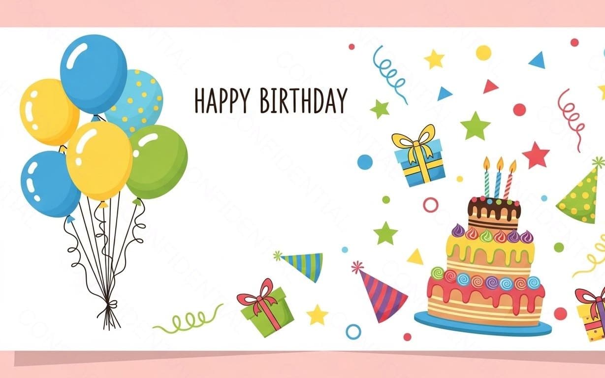 Happy Birthday Party Card With Colorful Cake, Balloons, Gifts, Confetti and Party Hats