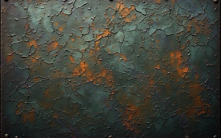 Rusty Peeling Paint On Weathered Metal Panel With Rivets And Textured Corrosion Surface
