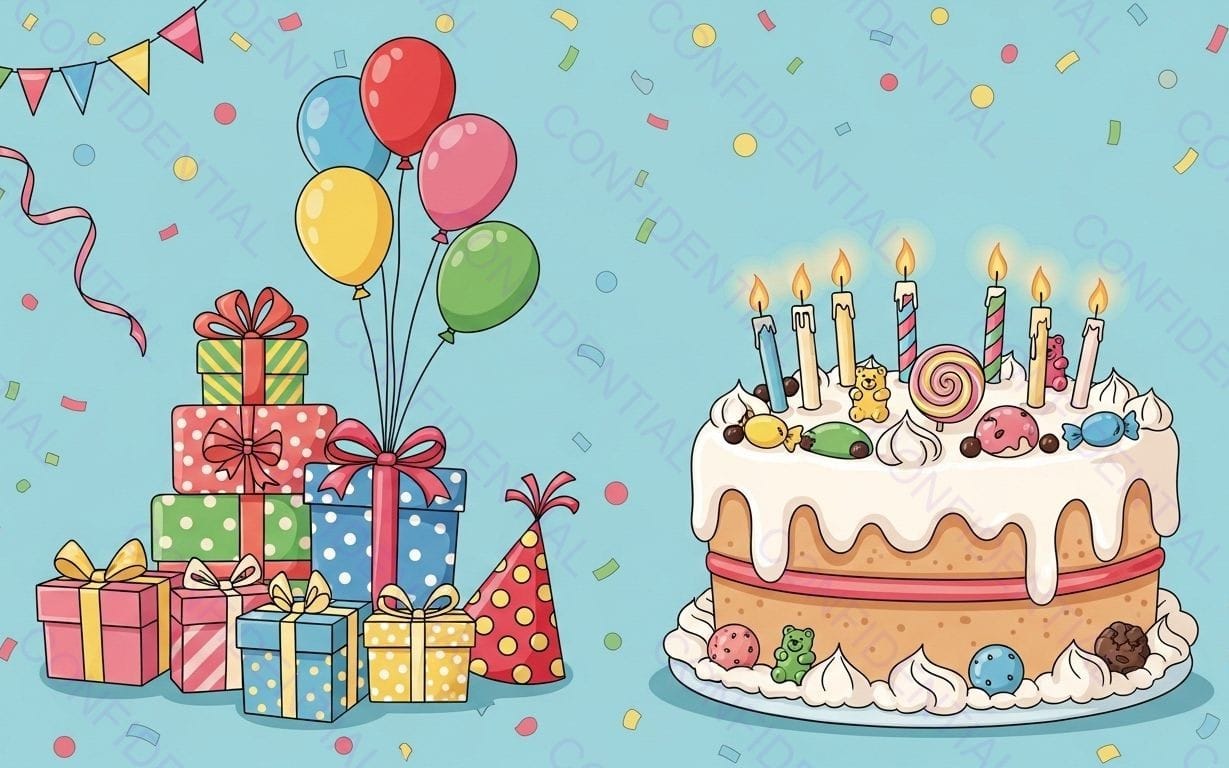 Birthday Celebration With Cake, Presents, Balloons and Confetti for Party and Kids