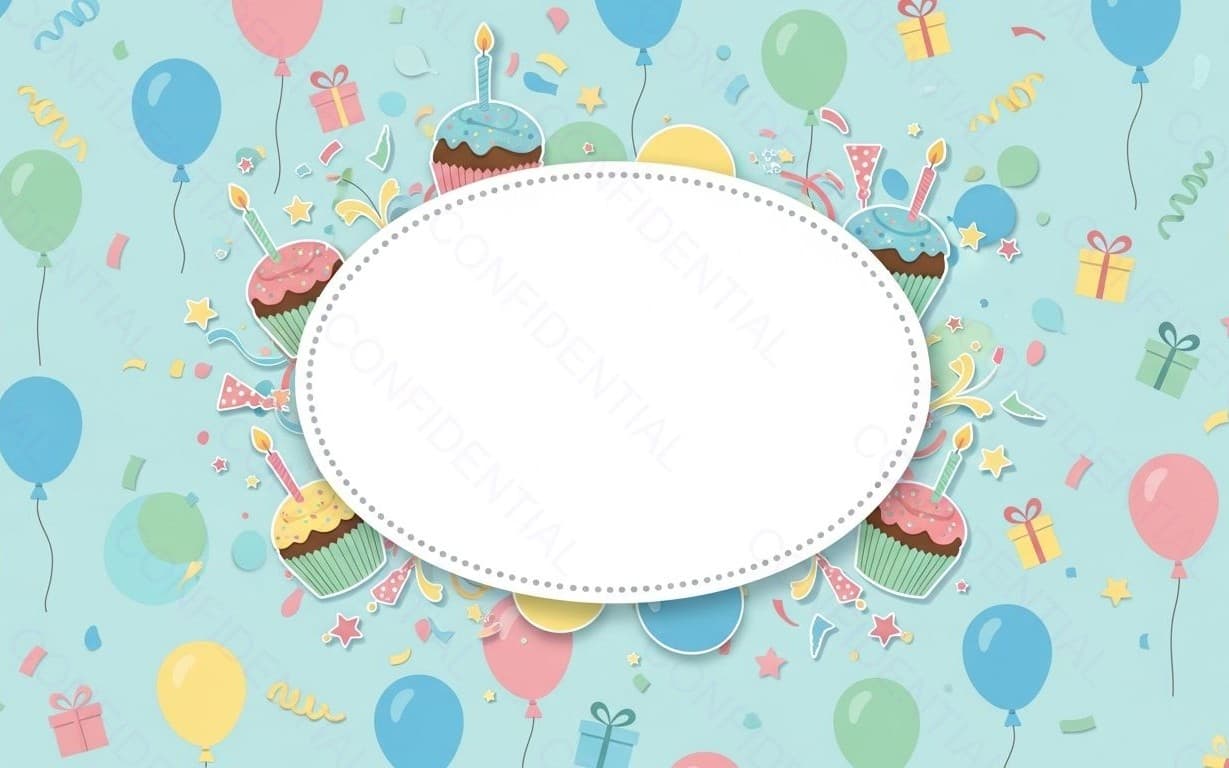 Birthday Party Background With Cupcakes, Balloons and Blank Oval Label for Invitations and Celebrations