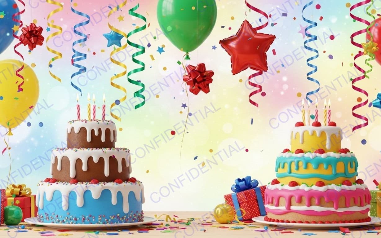 Colorful Birthday Party Cakes With Balloons, Gifts, Candles and Confetti Celebration Scene