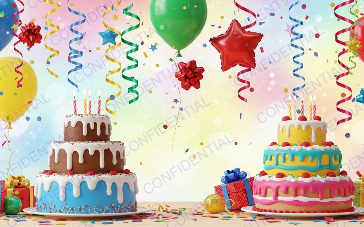 Colorful Birthday Party Cakes With Balloons, Gifts, Candles and Confetti Celebration Scene