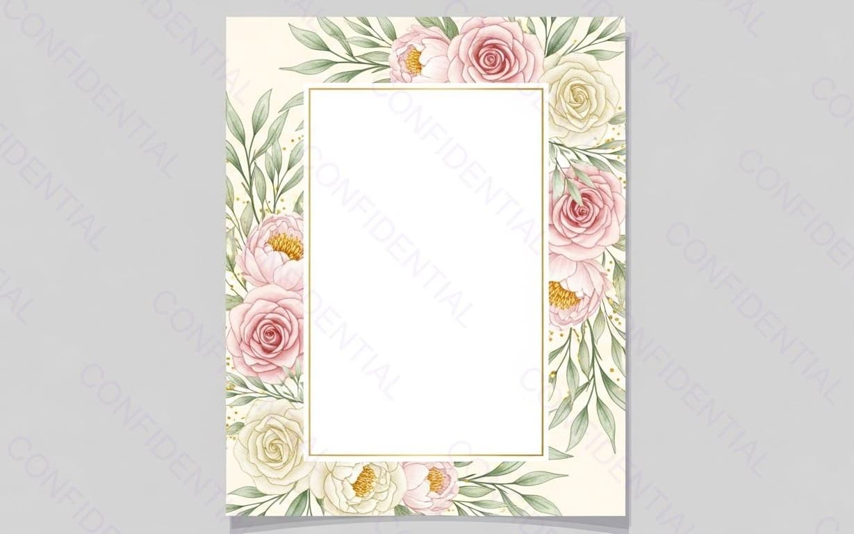 Elegant Floral Frame Invitation Template With Pink Roses, Peonies and Gold Border for Wedding Stationery