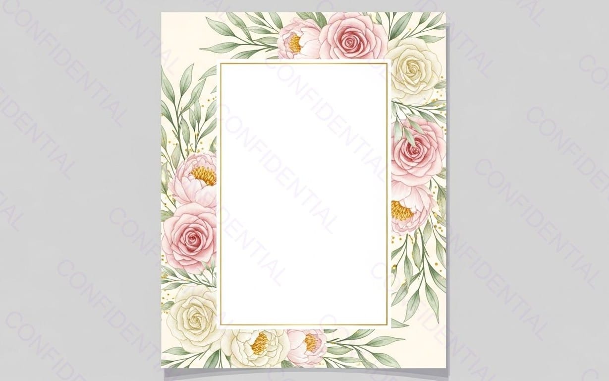 Elegant Floral Frame Invitation Template With Pink Roses, Peonies and Gold Border for Wedding Stationery