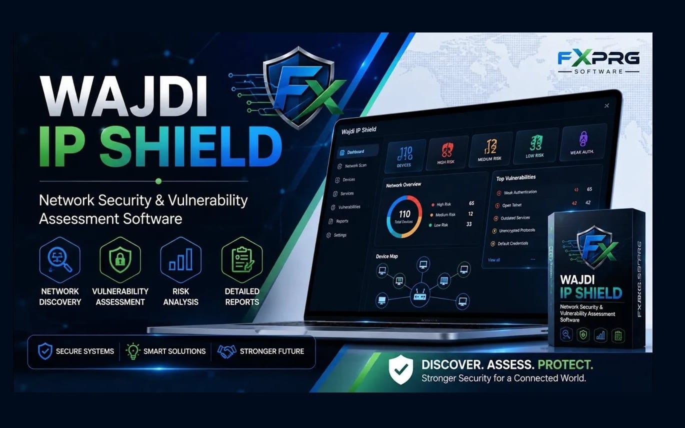 Wajdi IP Shield Professional cybersecurity software promotion banner with laptop dashboard and product box