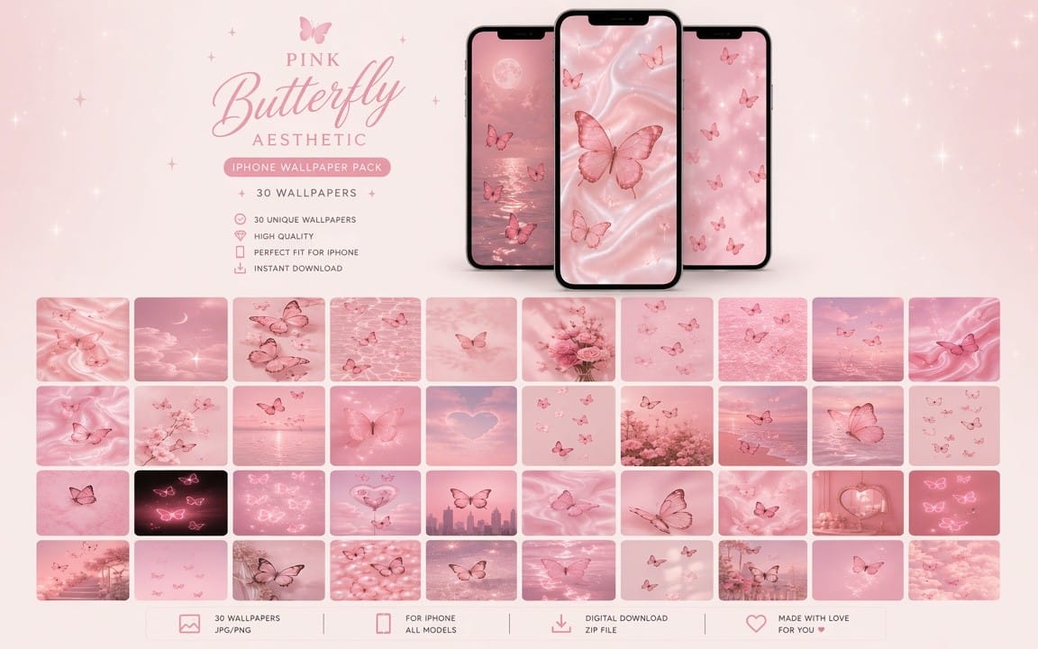 Pink Butterfly Aesthetic — 30 iPhone Wallpapers