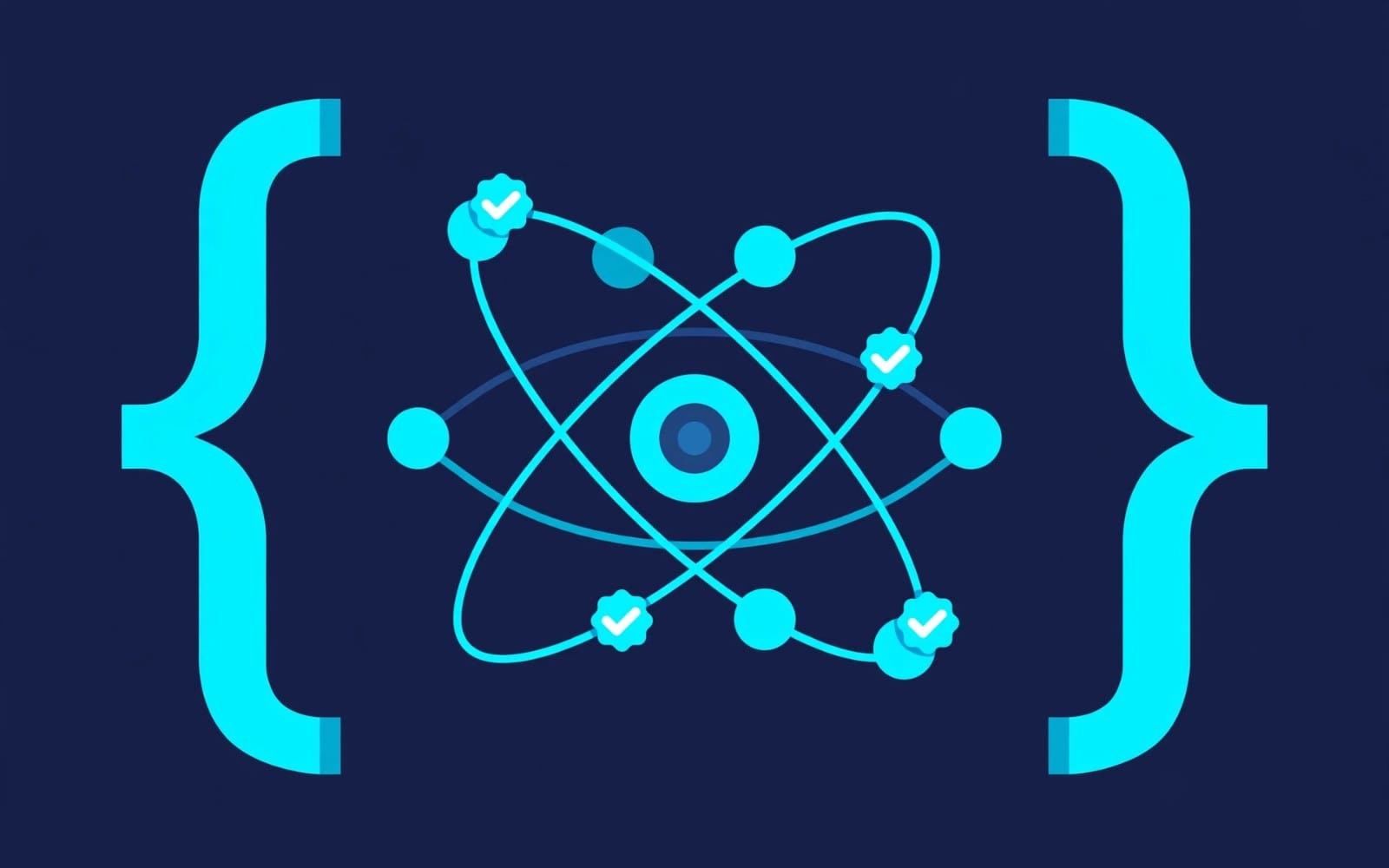 Abstract React component illustration with connected nodes, checkmarks, and curved arrows representing test generation