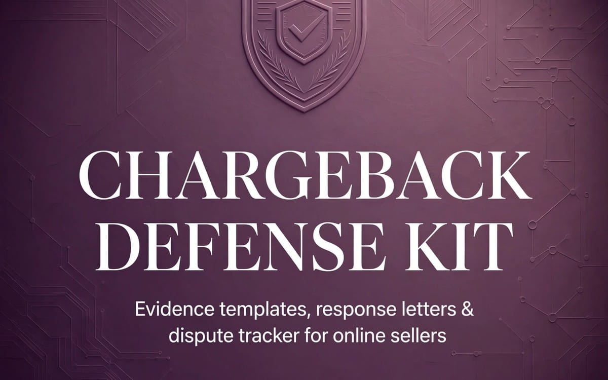 Chargeback defense kit banner for online sellers with shield icon and text evidence templates and dispute tracker