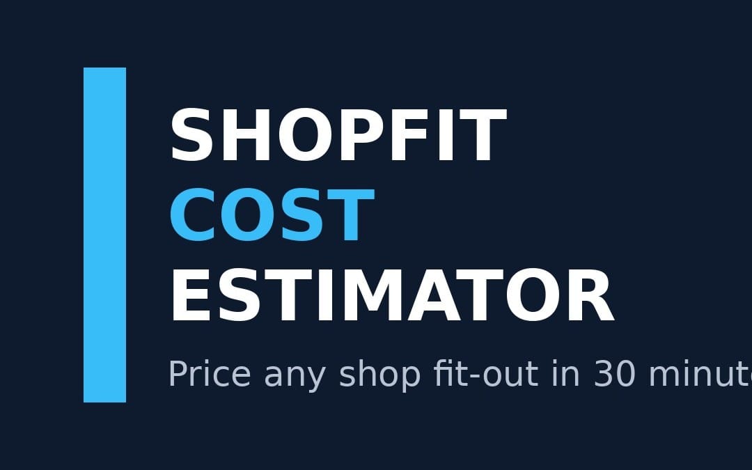 ShopFit Cost Estimator digital fit-out pricing tool banner with text and blue vertical bar on dark background