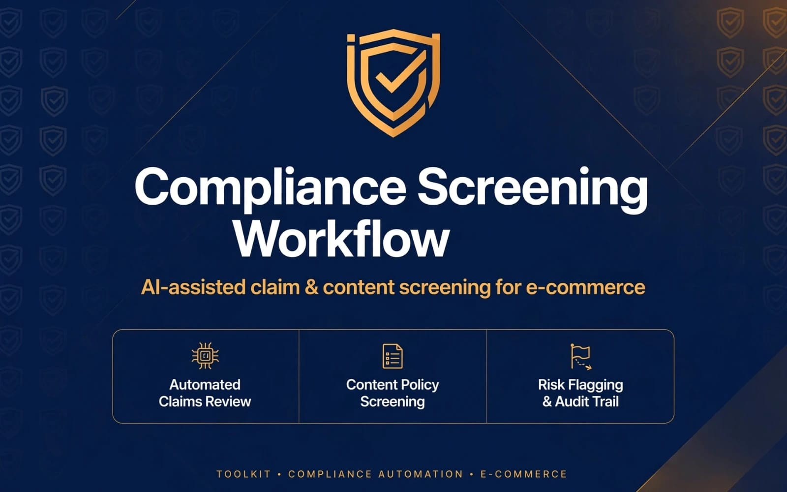 Blue compliance screening workflow banner for an e-commerce compliance automation digital product