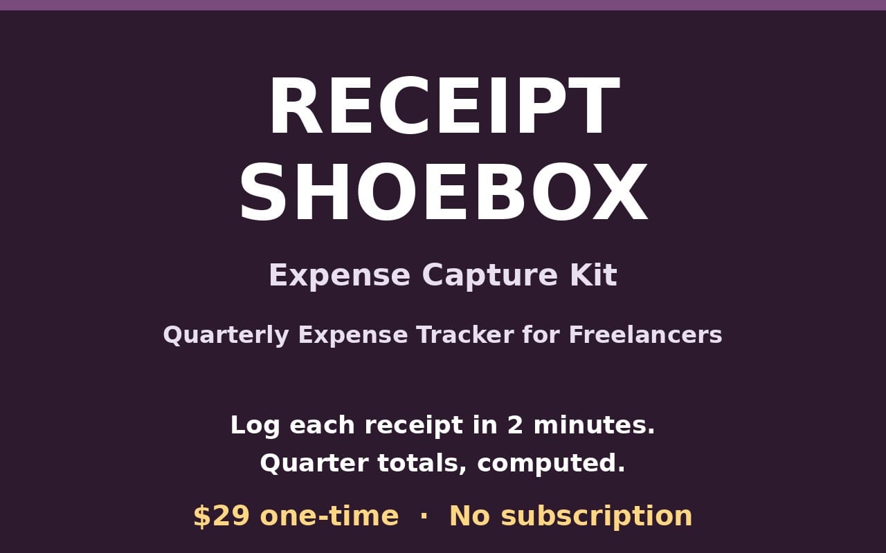 Receipt Shoebox expense capture kit quarterly tracker for freelancers promotional text on dark background