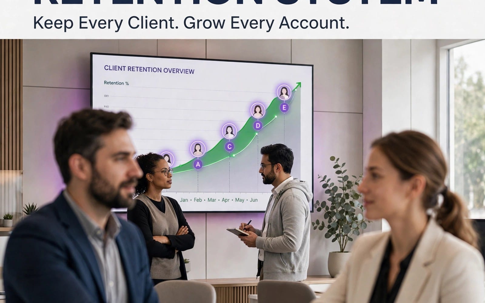 Team meeting with a monitor showing a client retention overview chart for an agency client retention system
