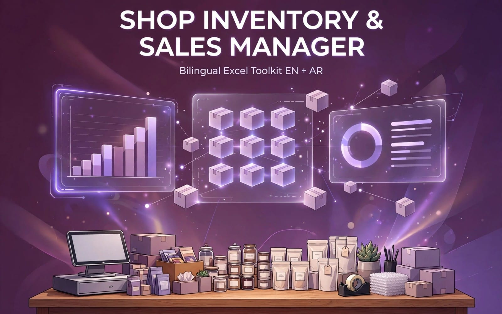 Purple banner for a Shop Inventory and Sales Manager bilingual Excel toolkit with charts, boxes, and document icons