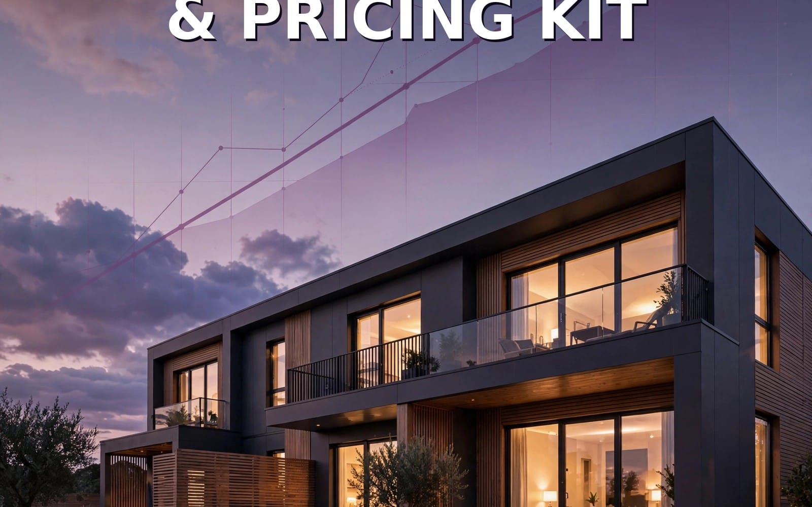 Modern two-story house exterior with pricing and sales chart overlay for a STR host fee-reset and pricing kit digital