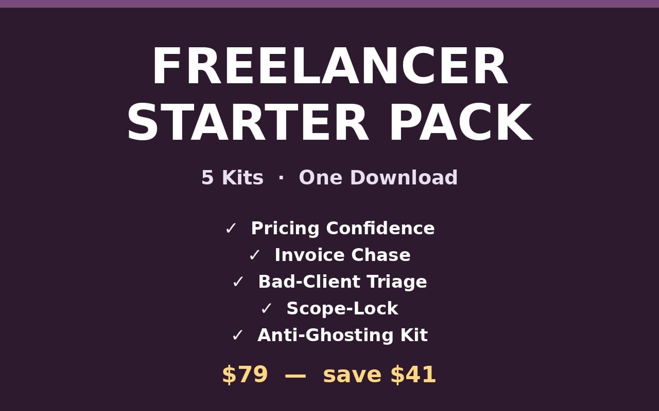 Freelancer Starter Pack digital bundle cover with title, 5 kits, benefits list, and $79 save $41 pricing text
