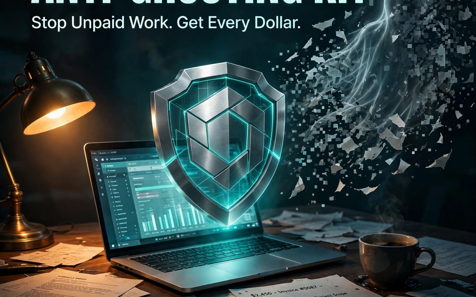Futuristic shield graphic on a laptop with invoices and a security-themed banner, freelancer anti-ghosting toolkit cover