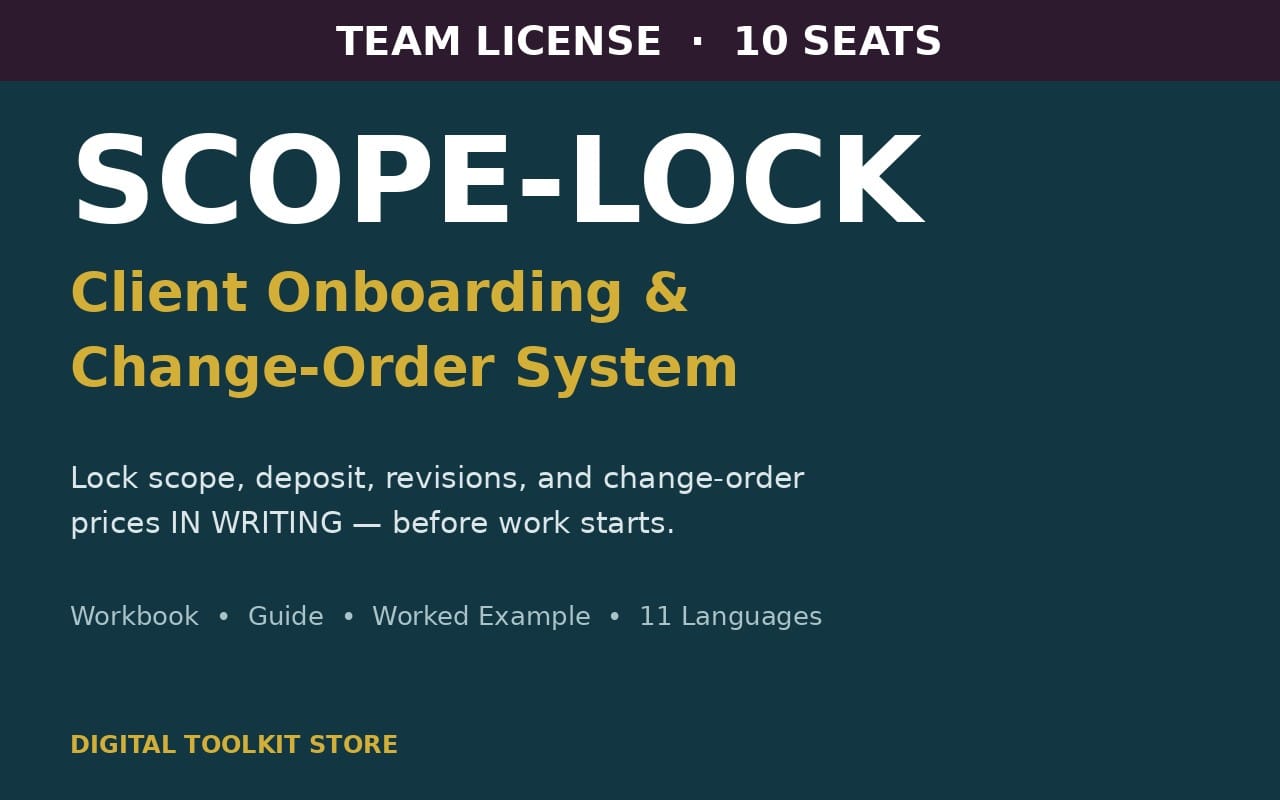 Scope-Lock team license 10-seat banner with client onboarding and change order system text on dark background
