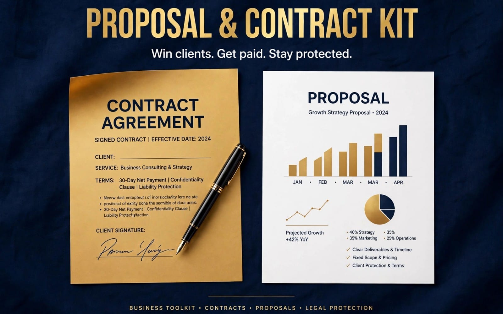Proposal and contract kit mockup showing signed contract agreement and marketing proposal documents with charts