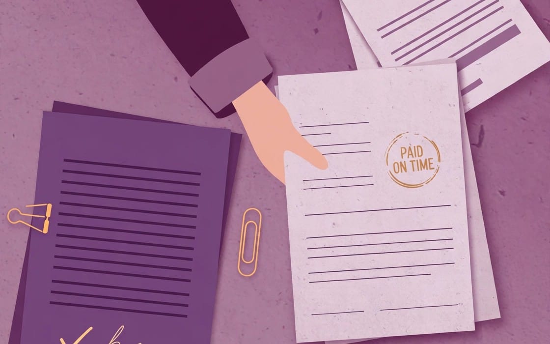 Hand pointing at contract and invoice papers with paid on time stamp for agency freelancer payment compliance kit