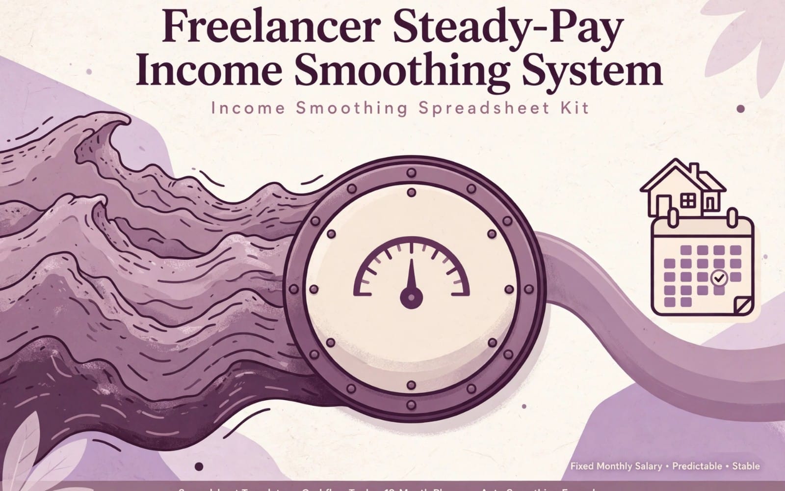 Illustrated cover for Freelancer Steady-Pay income smoothing spreadsheet kit with a clock, waves, and calendar icons