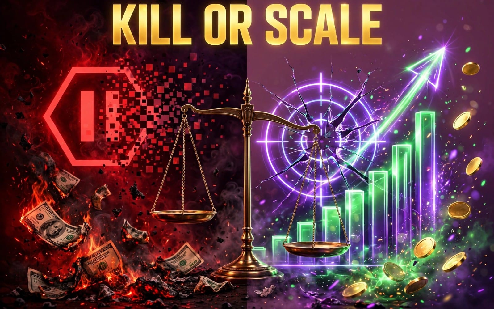Futuristic ad marketing decision graphic titled Kill or Scale with balance scale, charts, and exploding money visuals