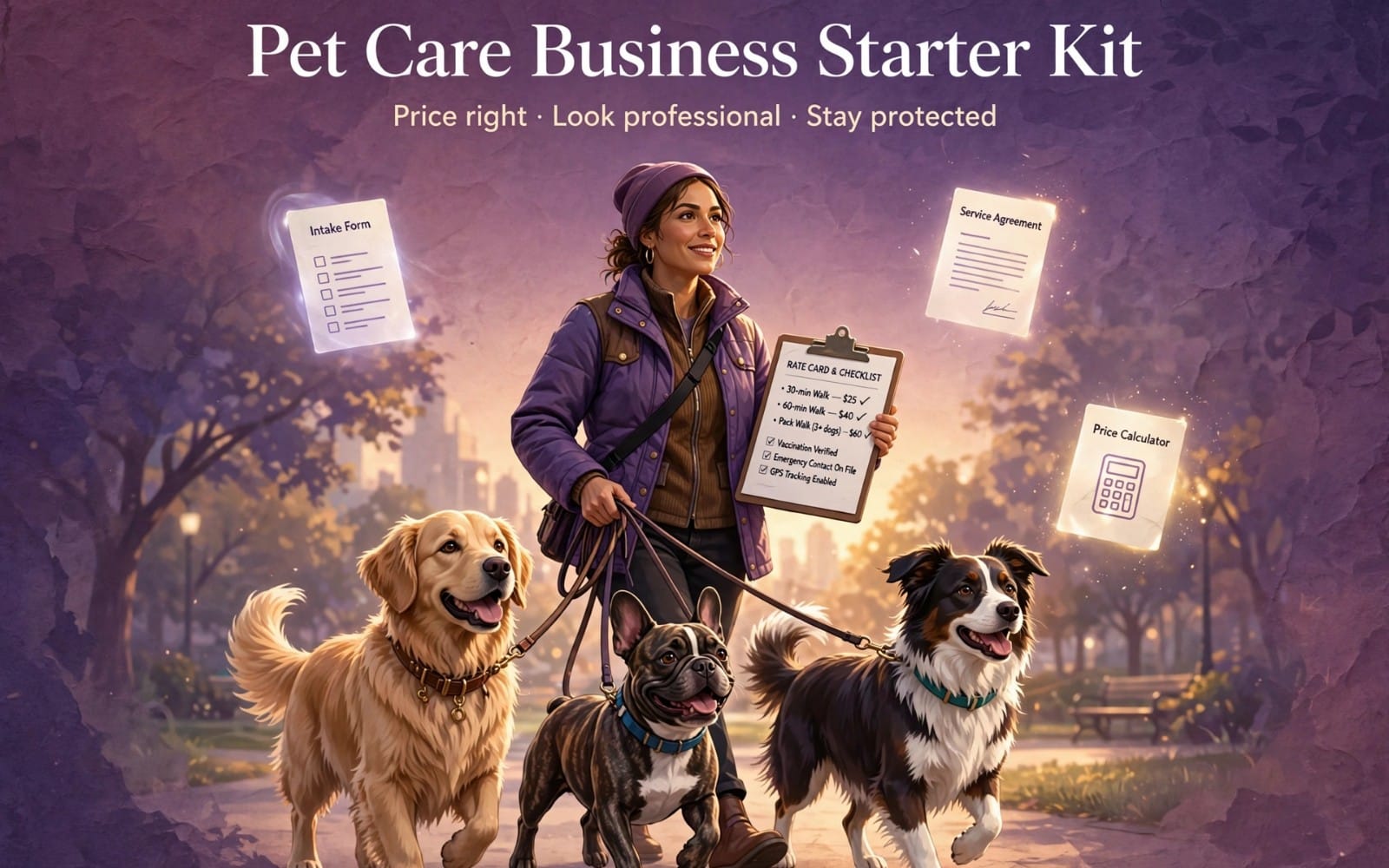 Pet Care Business Starter Kit cover with a smiling pet sitter holding dog paperwork and price calculator cards on a