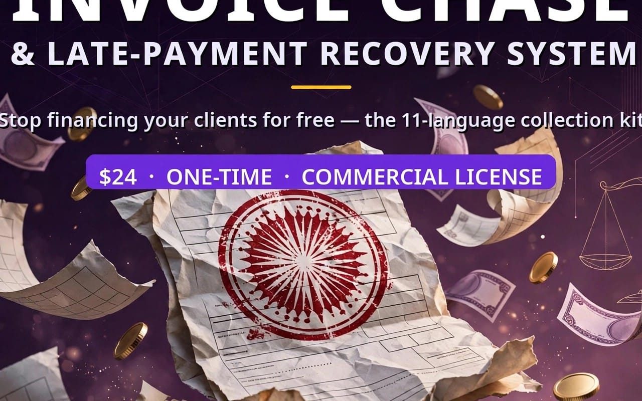 Invoice Chase team license promotional banner with one-time commercial license text and finance imagery