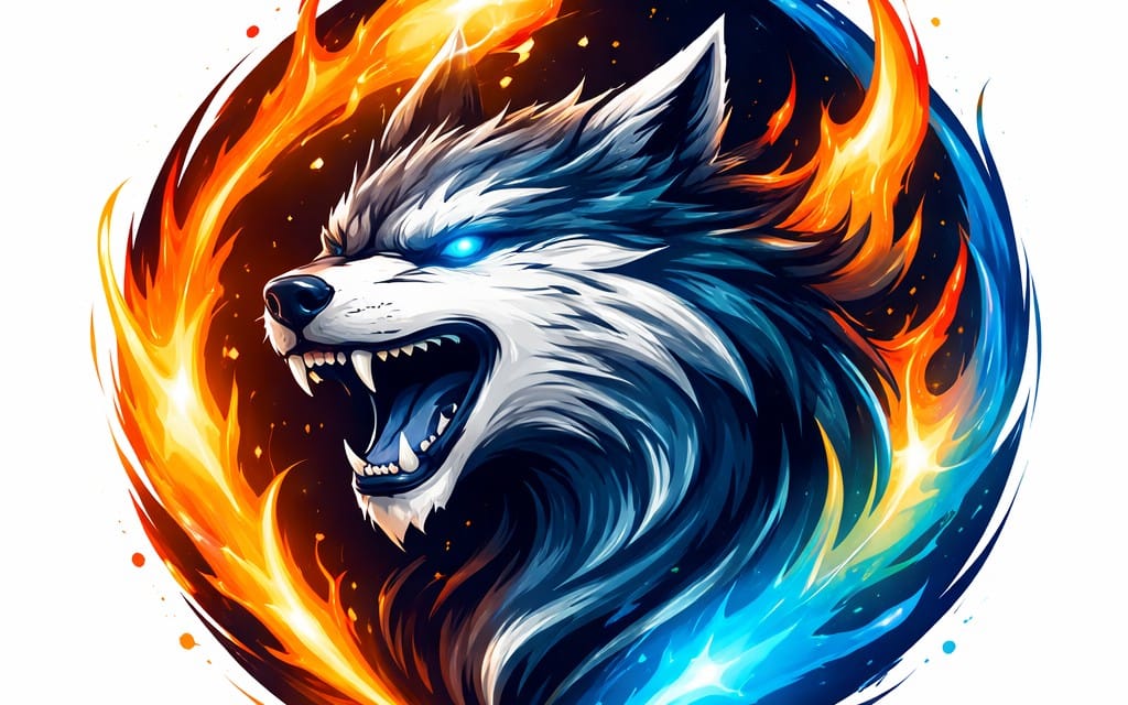 Fierce glowing wolf illustration with fire and blue energy, representing a downloadable content repurposing engine zip
