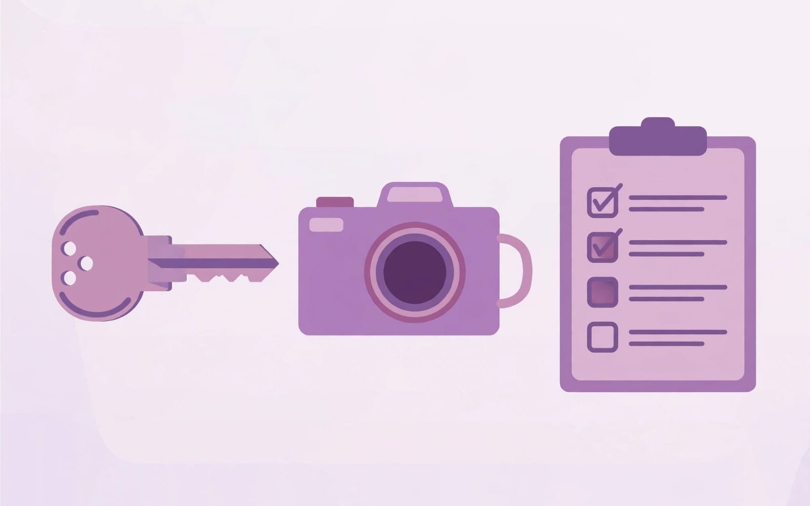 Digital damage-claim evidence packet illustration with camera, key, and checklist on a clipboard for STR host claims