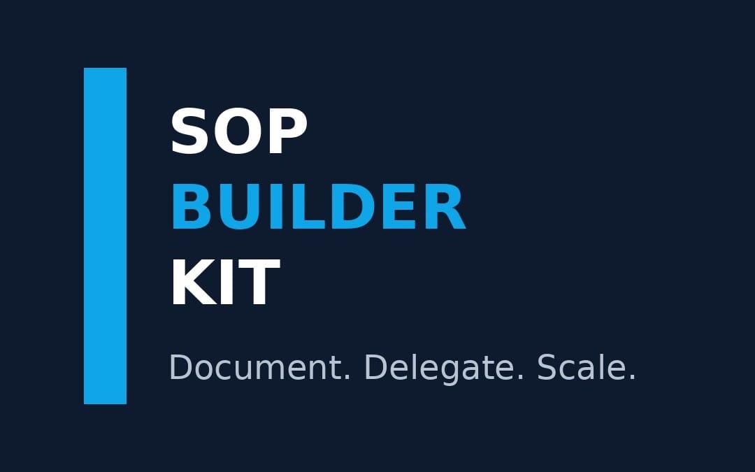 SOP Builder Kit digital product cover with bold text and blue vertical bar on dark background
