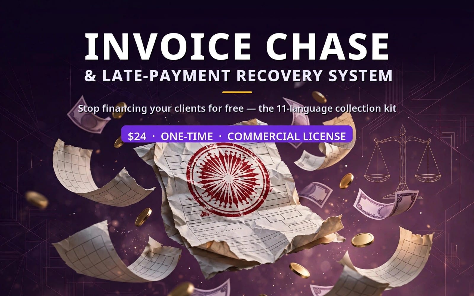 Invoice Chase & Late-Payment Recovery System cover — 11-language collection kit, $24 one-time commercial license, Digital Toolkit Store