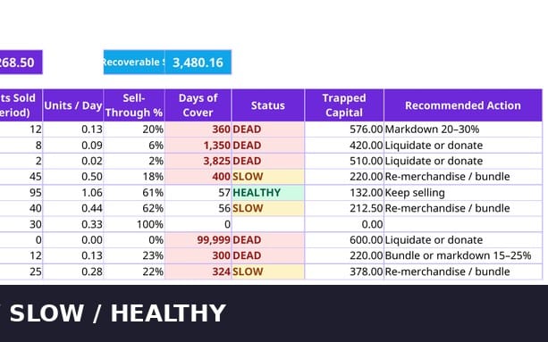 A Dead-Stock Cash Recovery System spreadsheet with tables and pricing recovery recommendations
