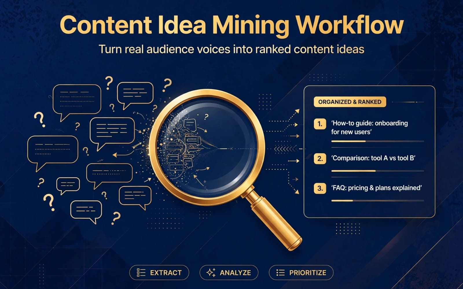 Infographic banner for a content idea mining workflow with magnifying glass and ranked content ideas steps