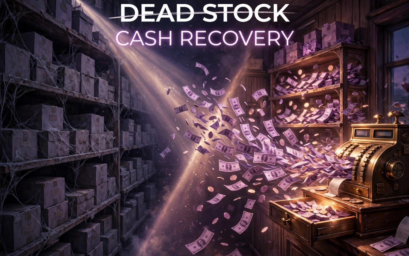 Futuristic Dead Stock Cash Recovery System promo banner with money flying from a warehouse vault and cash register