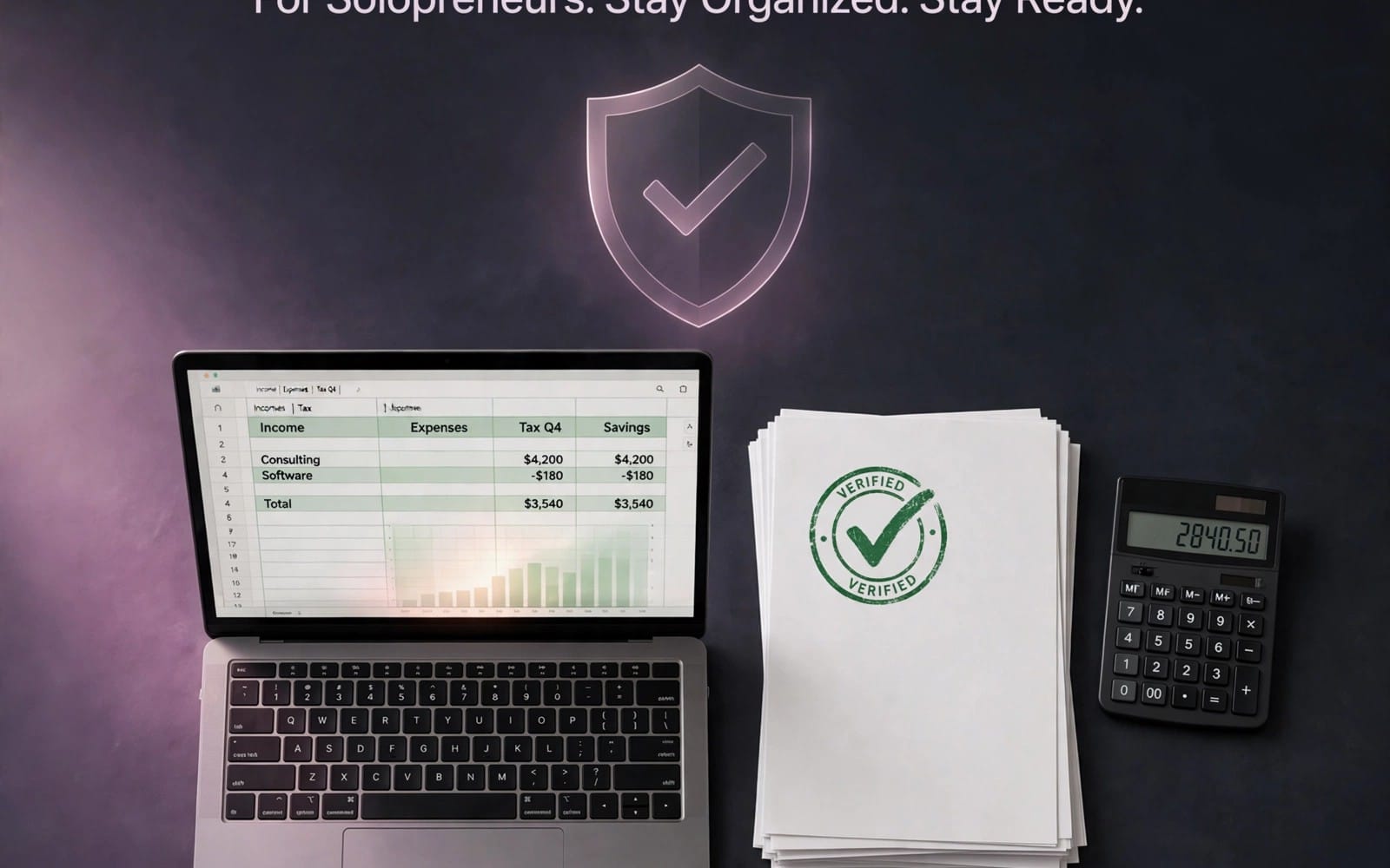 Laptop displaying tax spreadsheet with shield icon, verified paperwork stack, and calculator for solopreneur tax admin