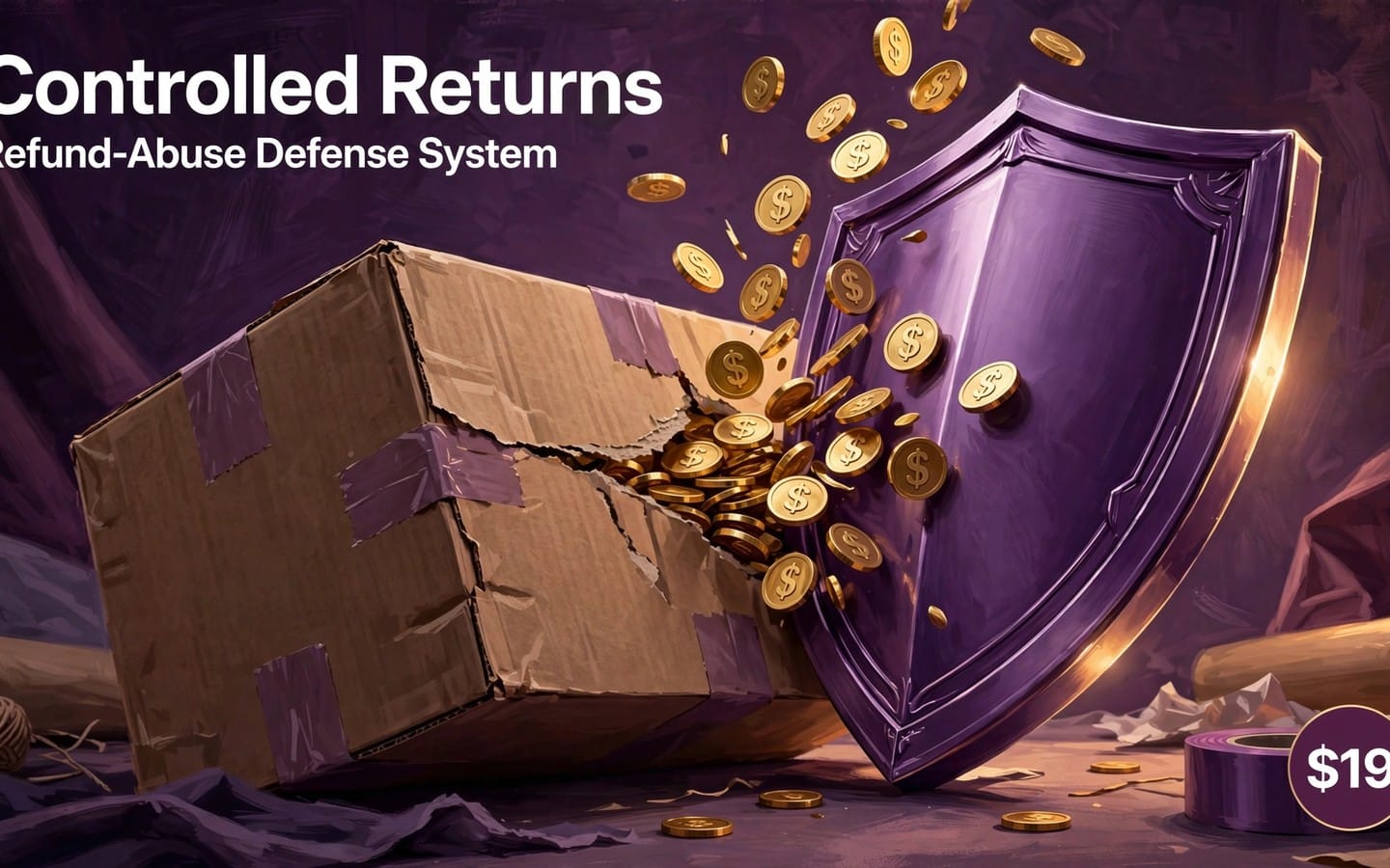 Shield protecting against refund abuse, with broken packages and floating coins on a dark promotional banner for a