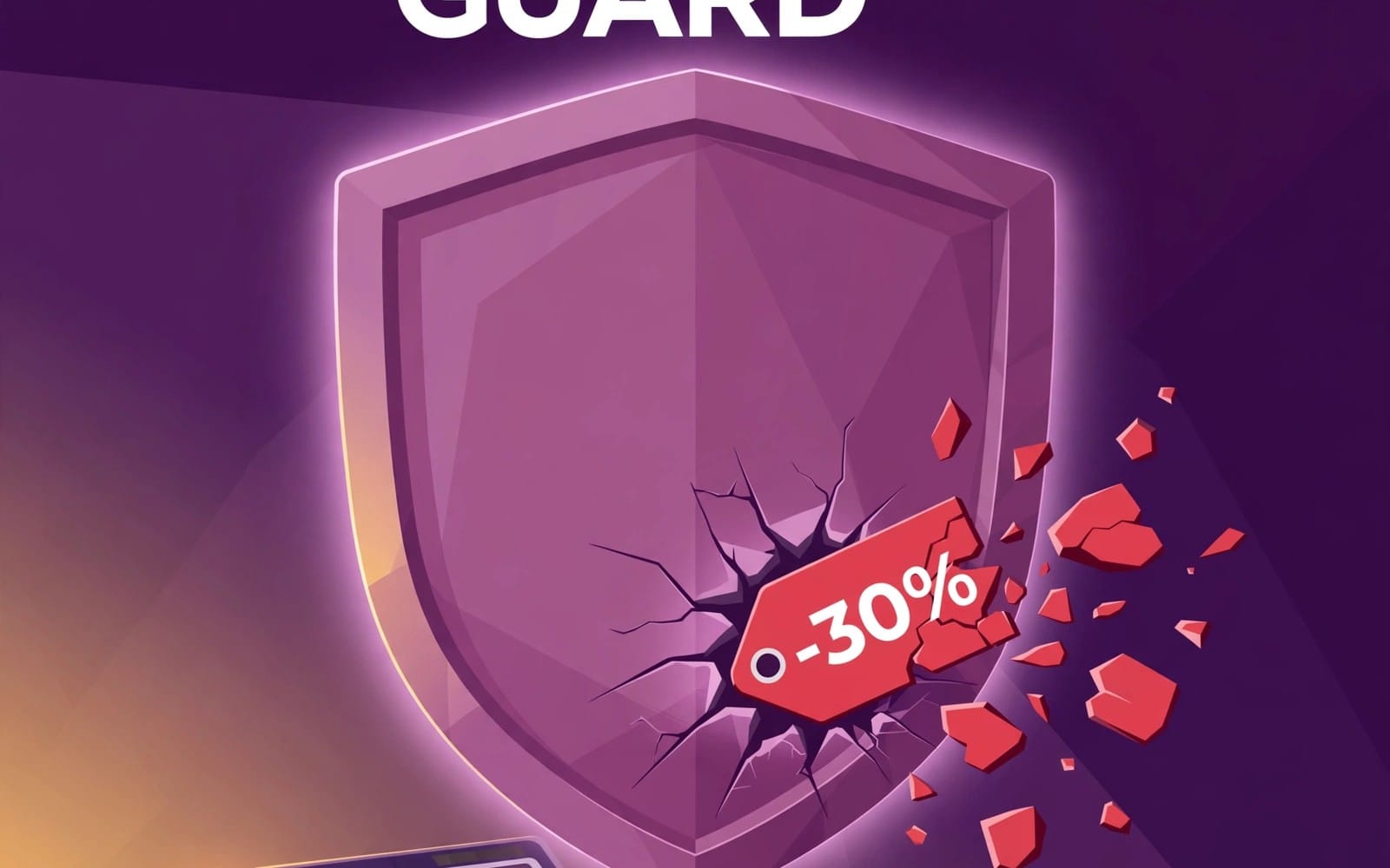 3D shield promo banner with broken glass effect and 0–30% discount text for a digital marketing template