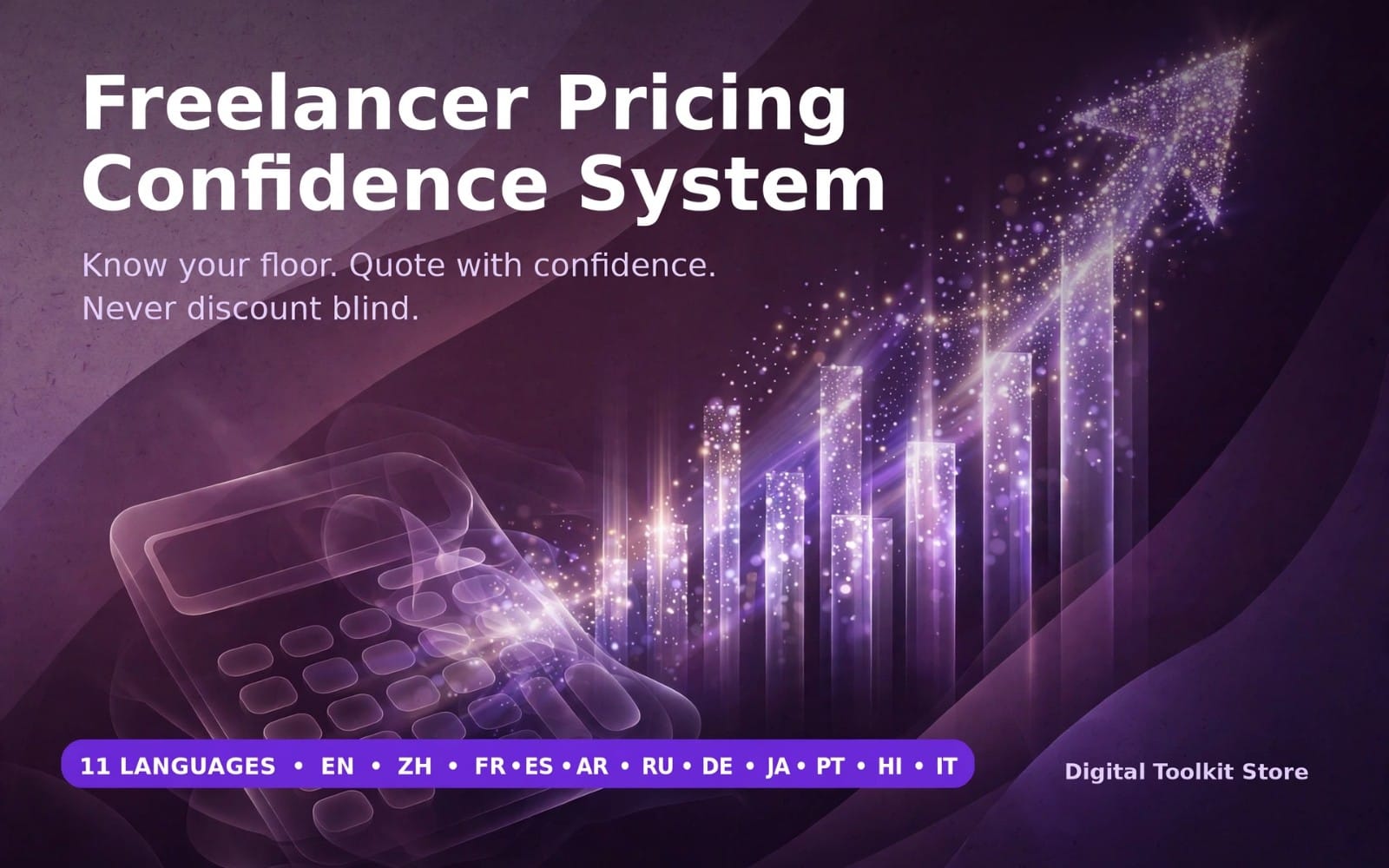 Freelancer Pricing Confidence System cover — 11-language pricing decision kit badge, purple growth graph, Digital Toolkit Store