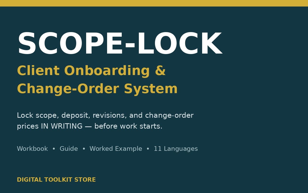 Scope-Lock client onboarding and change-order system digital toolkit store banner with text on teal background
