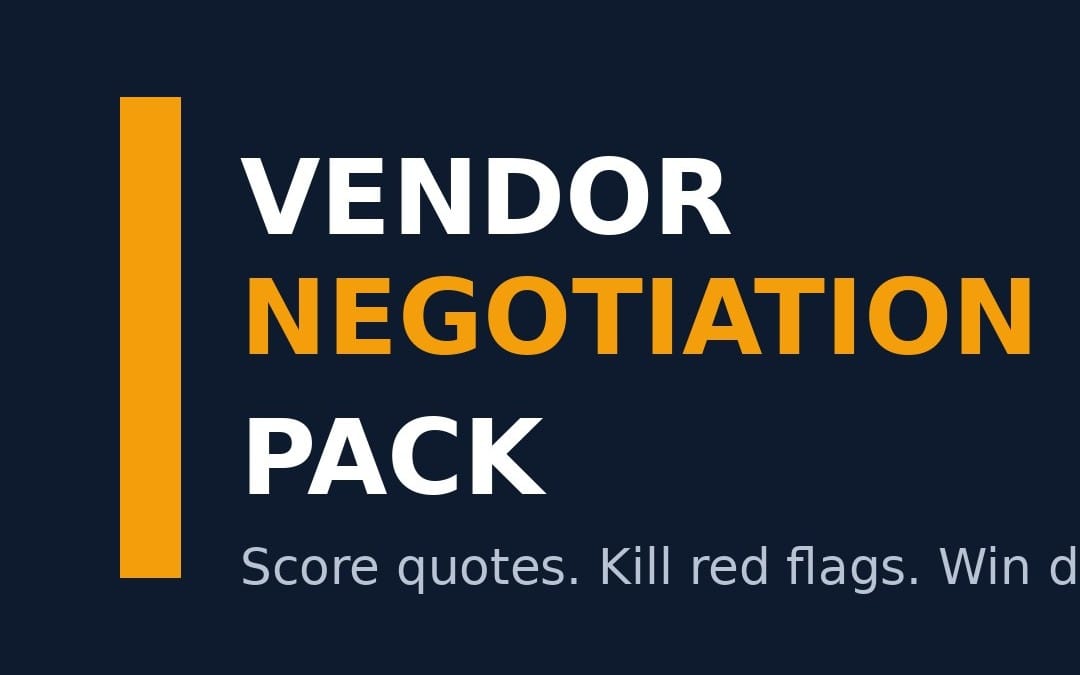 Vendor Negotiation Pack cover banner with bold text Score quotes and Kill red flags on dark blue background