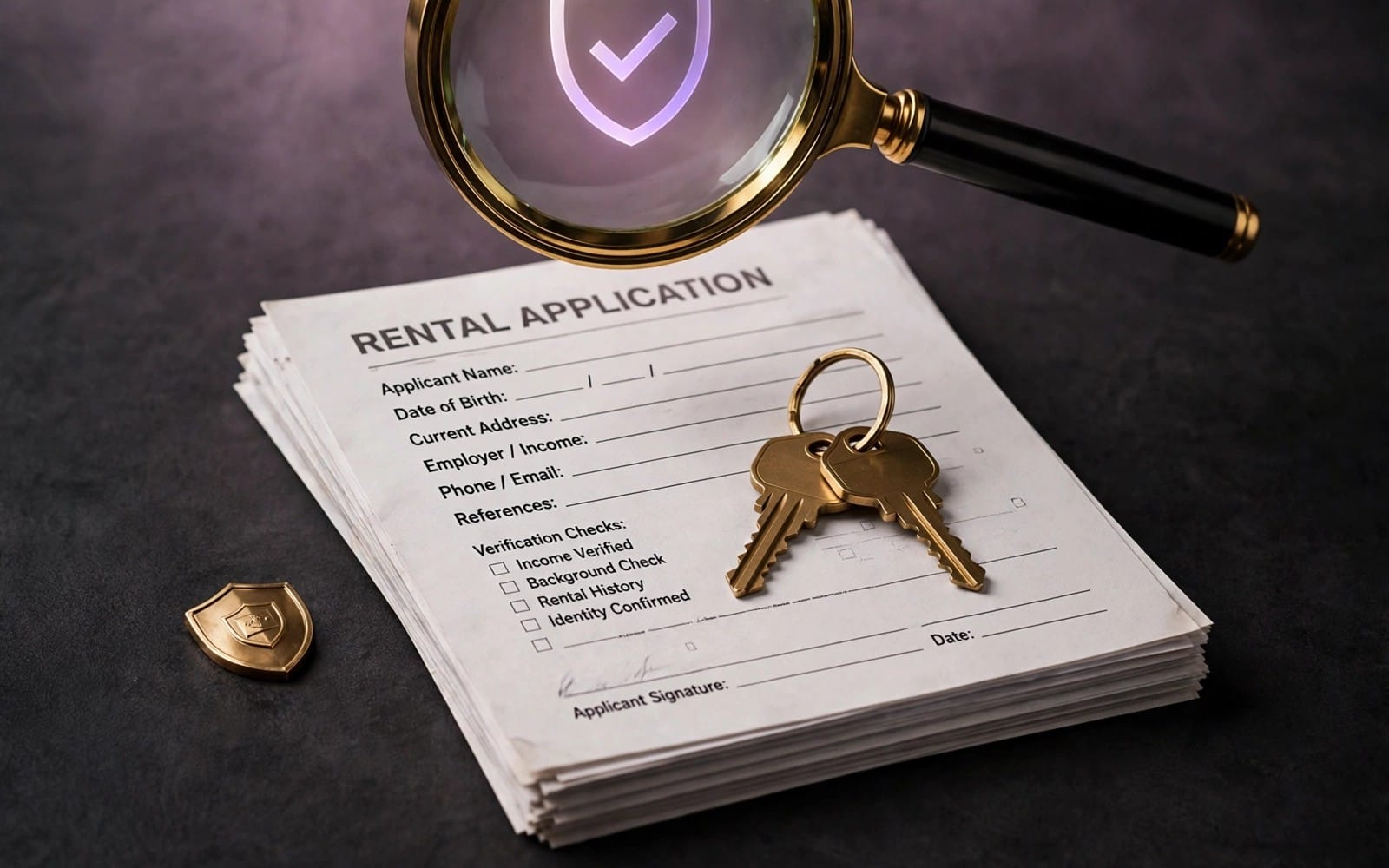 Rental application documents with magnifying glass, shield icon, and keys for tenant screening and rental-fraud defense