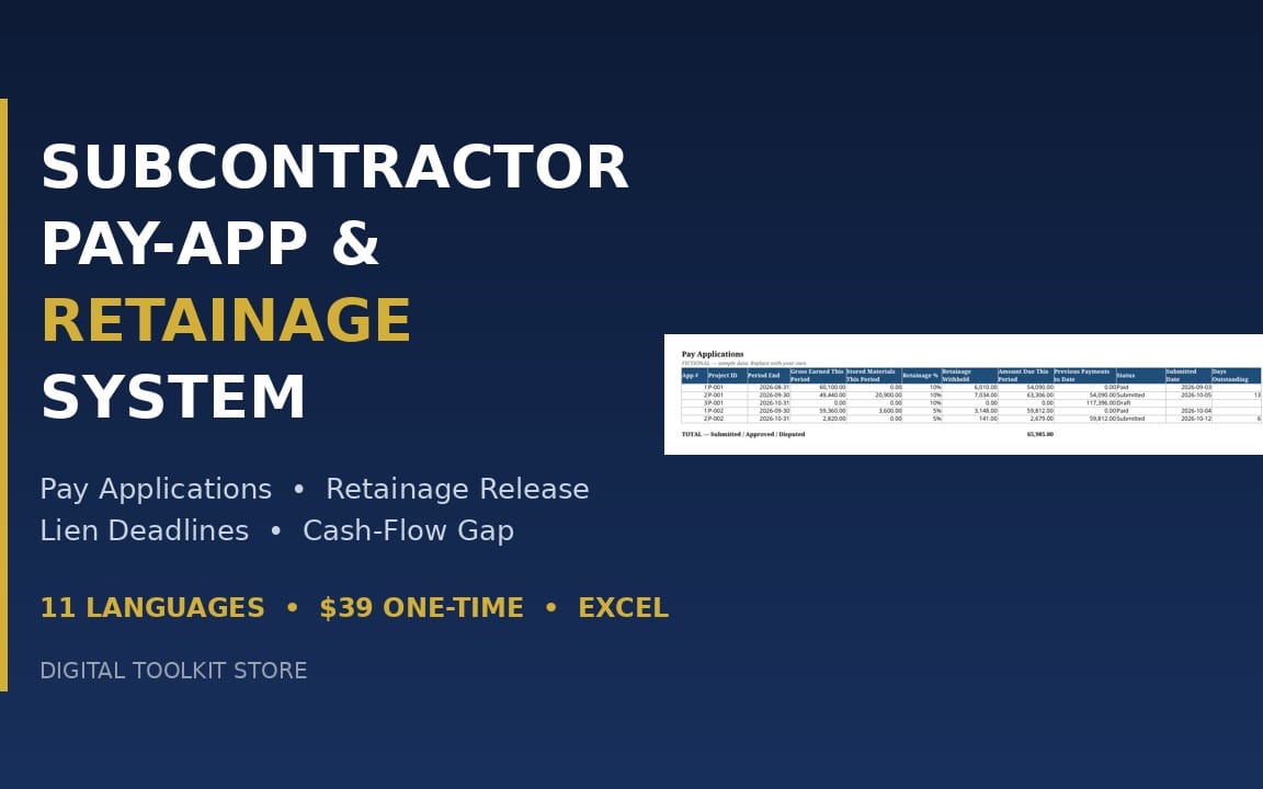 Subcontractor Pay-Application and Retainage Release System Excel digital toolkit screen with table of payment data