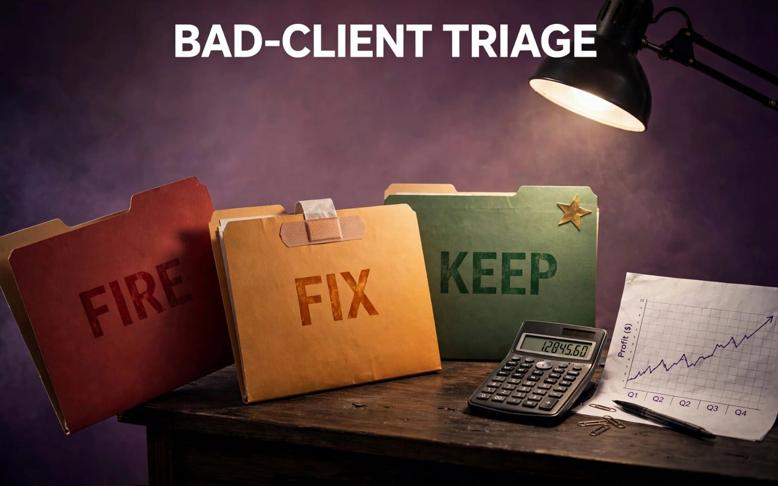 Folders labeled FREE, FIX, and KEEP with a calculator and chart paper beside a desk lamp for a bad-client triage system