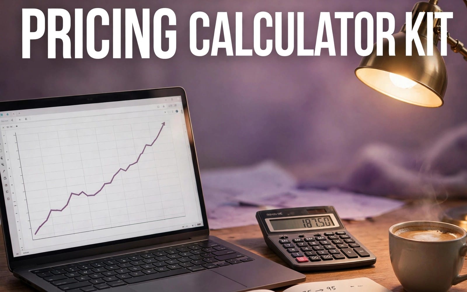 Freelancer rate and pricing calculator kit promotional graphic with laptop chart, calculator, and desk lamp background